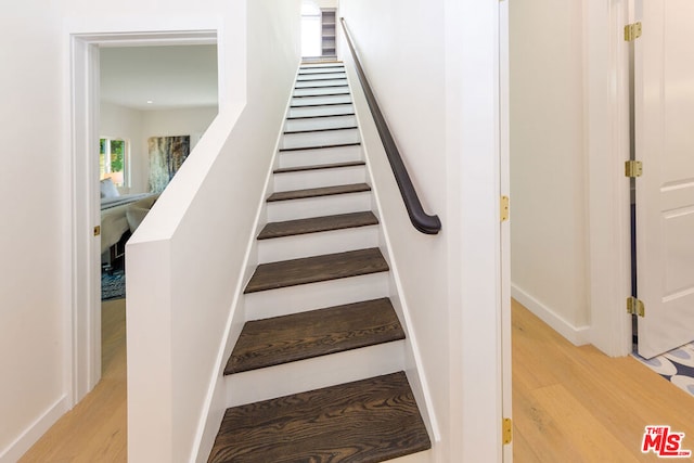 stairway with hardwood / wood-style floors