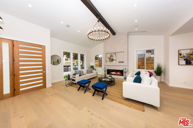 living room featuring high vaulted ceiling, a notable chandelier, beamed ceiling, and light hardwood / wood-style floors