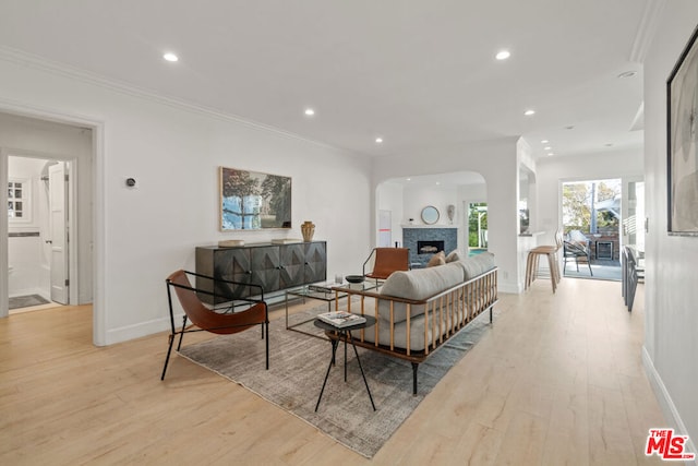 living room with light wood-type flooring and crown molding