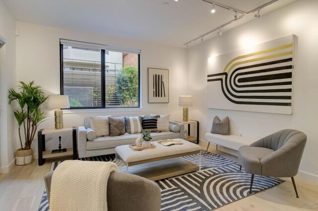 living room featuring light hardwood / wood-style floors and rail lighting