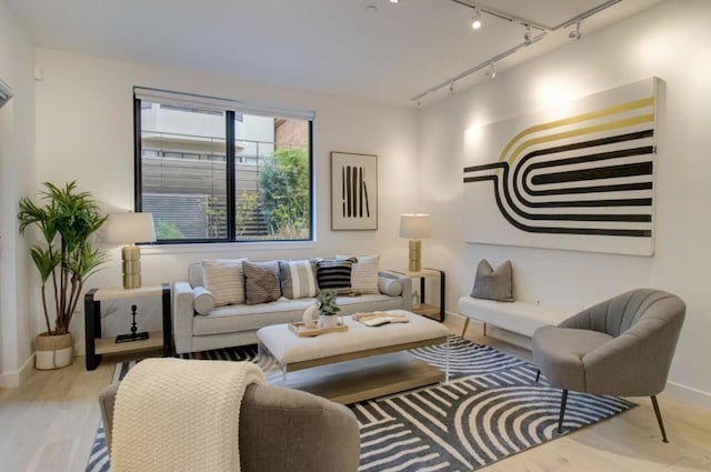 living room featuring light wood-type flooring and track lighting