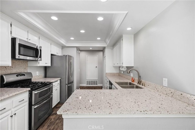 kitchen featuring appliances with stainless steel finishes, dark hardwood / wood-style floors, a raised ceiling, white cabinets, and sink