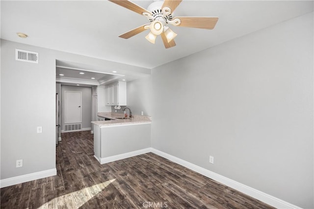 unfurnished room with ceiling fan, dark hardwood / wood-style floors, sink, and a raised ceiling