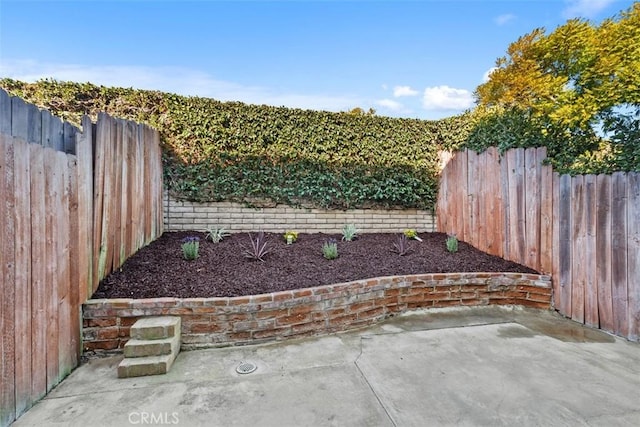 view of yard featuring a patio area and a fenced backyard