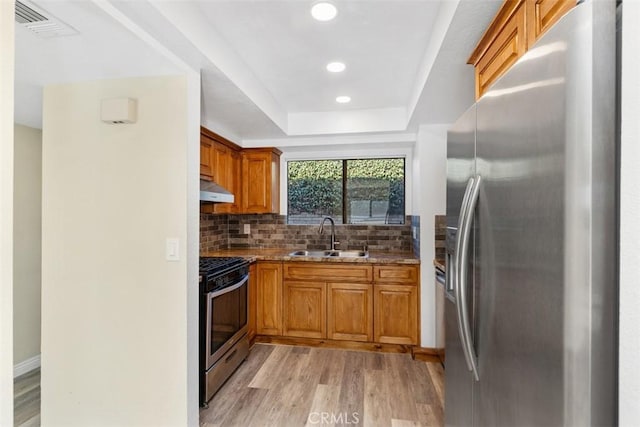 kitchen featuring stone countertops, a sink, stainless steel appliances, under cabinet range hood, and a raised ceiling