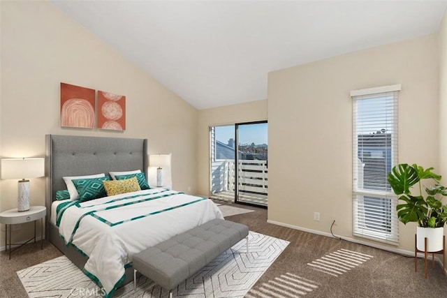 bedroom with lofted ceiling, access to outside, carpet flooring, and baseboards