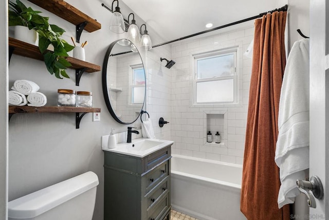 full bathroom with toilet, shower / bathtub combination with curtain, and vanity