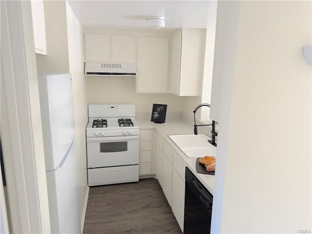 kitchen with white cabinets, exhaust hood, sink, and white appliances