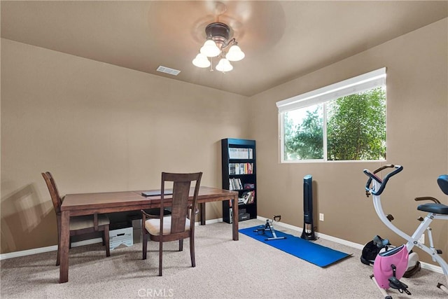 office space with ceiling fan and carpet floors