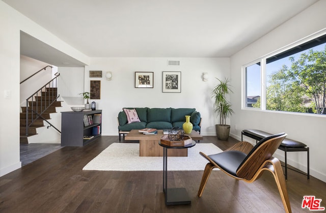 living room featuring dark wood-type flooring