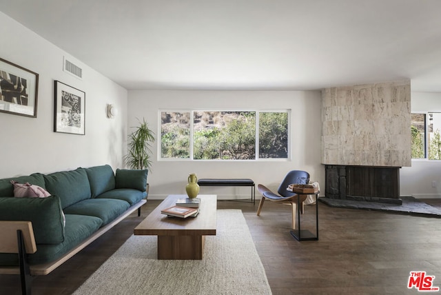 living room featuring dark wood-type flooring and a fireplace