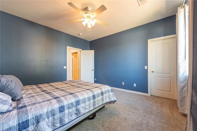 bedroom featuring ceiling fan and carpet floors