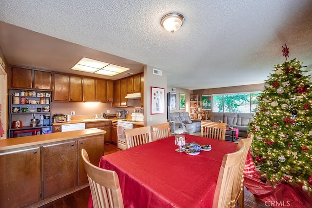 dining space with a textured ceiling, dark hardwood / wood-style floors, and sink