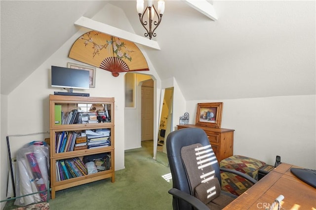 office space featuring vaulted ceiling with beams and dark colored carpet