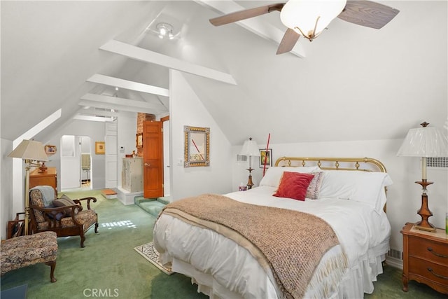 carpeted bedroom with ceiling fan and lofted ceiling with beams