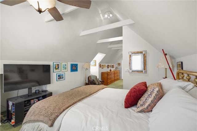 bedroom featuring ceiling fan, carpet floors, and vaulted ceiling with beams