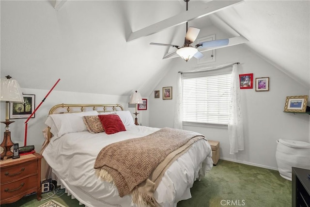 bedroom with lofted ceiling, carpet flooring, and ceiling fan