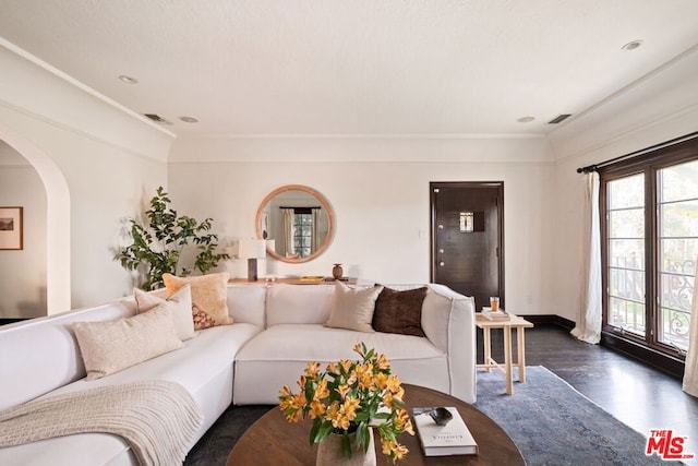 living room with dark hardwood / wood-style floors