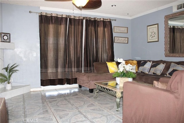 living room featuring ceiling fan and ornamental molding