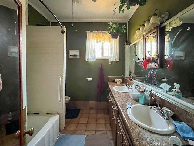 full bathroom with tile patterned flooring, vanity, shower / bathing tub combination, and toilet