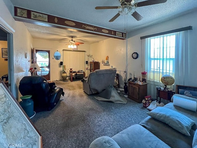 living room with a healthy amount of sunlight, carpet, and a textured ceiling