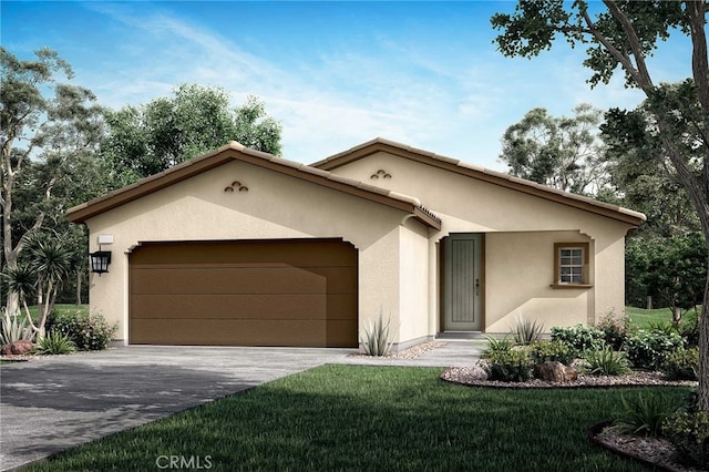 view of front of property featuring stucco siding, a front lawn, a garage, and driveway