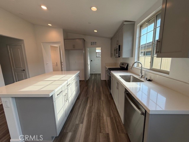 kitchen featuring visible vents, appliances with stainless steel finishes, gray cabinetry, and a sink