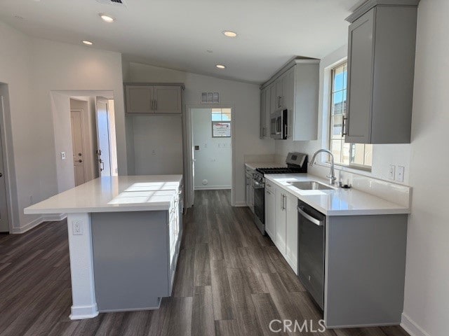kitchen with gray cabinetry, a sink, appliances with stainless steel finishes, lofted ceiling, and dark wood-style flooring