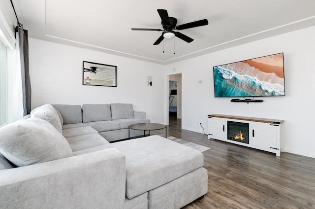 living room with ceiling fan and hardwood / wood-style flooring