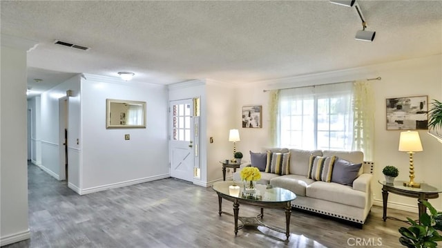 living room with hardwood / wood-style flooring, rail lighting, a textured ceiling, and crown molding