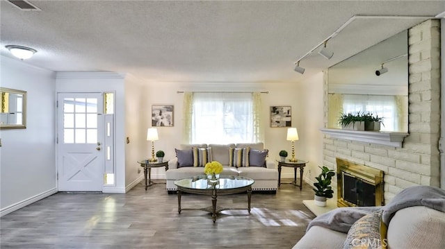 living room featuring a fireplace, wood-type flooring, plenty of natural light, and a textured ceiling