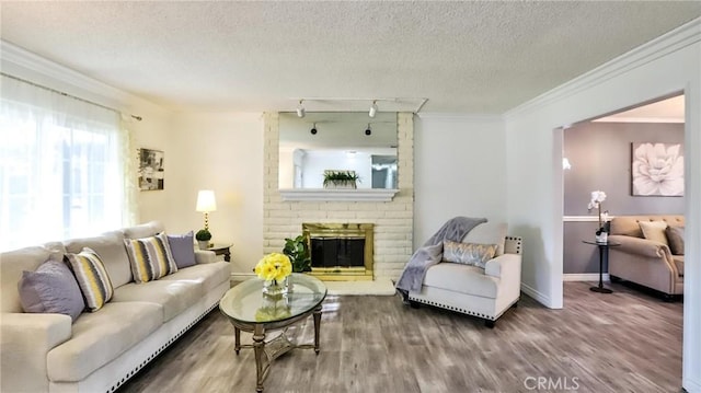 living room with hardwood / wood-style flooring, track lighting, a fireplace, a textured ceiling, and ornamental molding