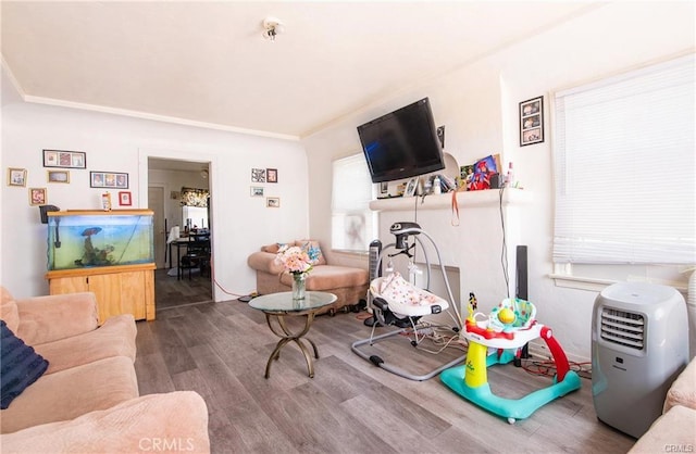 living room featuring ornamental molding and wood-type flooring