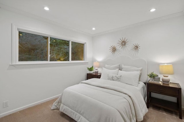 carpeted bedroom with crown molding