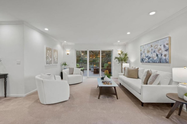 carpeted living room with ornamental molding