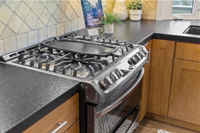 interior details featuring tasteful backsplash, stainless steel gas stove, and sink