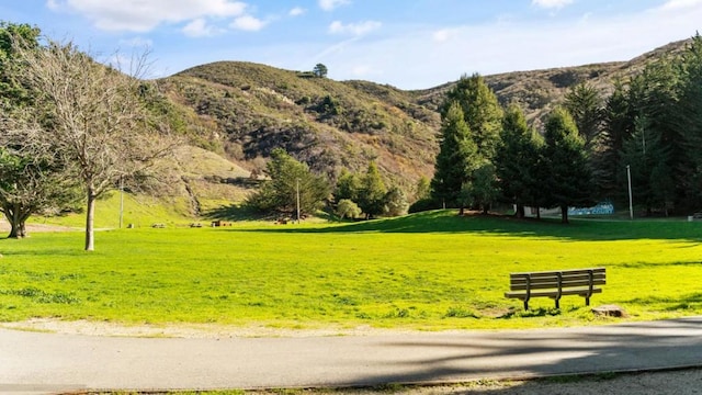 view of community with a mountain view and a yard