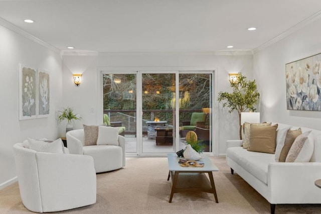 carpeted living room featuring ornamental molding