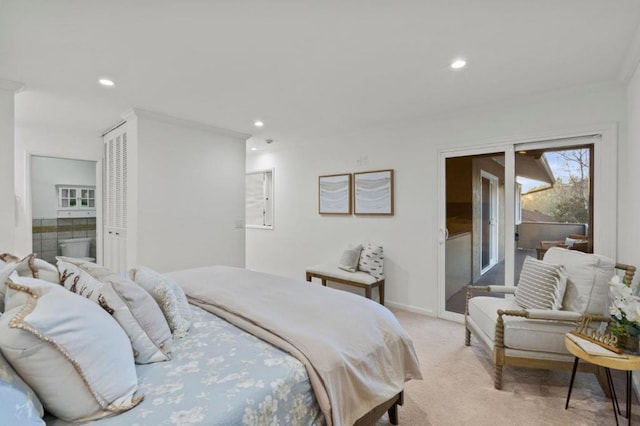 bedroom with access to outside, a closet, ornamental molding, and light carpet