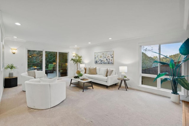 carpeted living room with crown molding