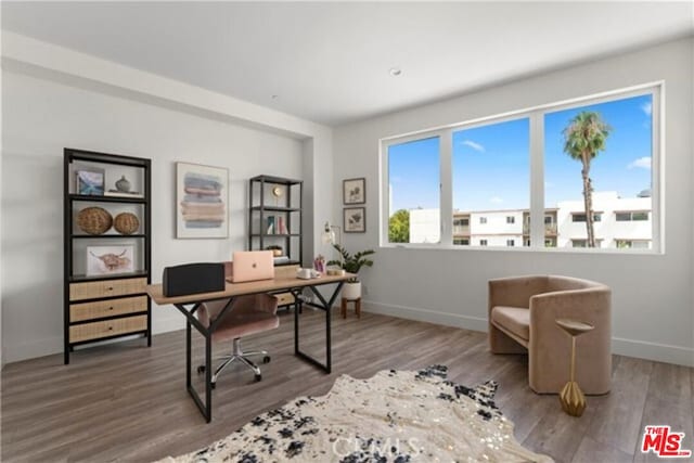 office with hardwood / wood-style flooring and a healthy amount of sunlight