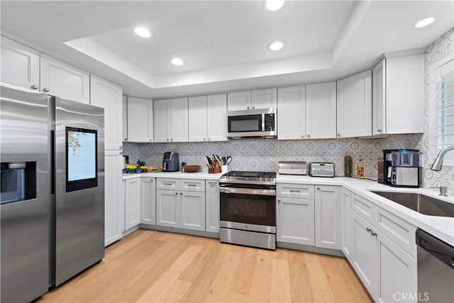 kitchen featuring sink, white cabinets, a tray ceiling, and stainless steel appliances