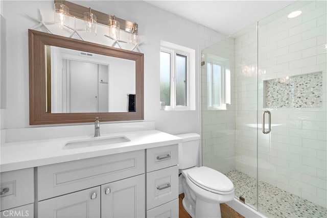 bathroom with vanity, toilet, and an enclosed shower