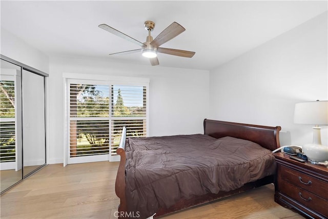 bedroom with ceiling fan and light hardwood / wood-style floors