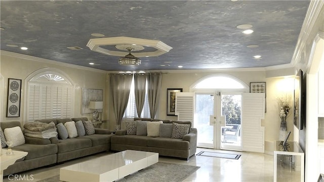 living room with crown molding and french doors