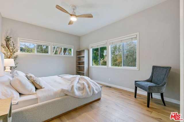 bedroom featuring ceiling fan and light hardwood / wood-style floors