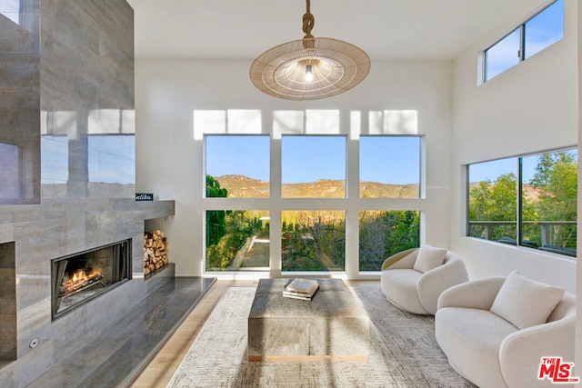 living room featuring a mountain view, hardwood / wood-style floors, and a fireplace