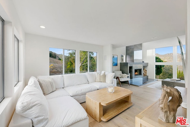 living room featuring a tiled fireplace and light hardwood / wood-style floors