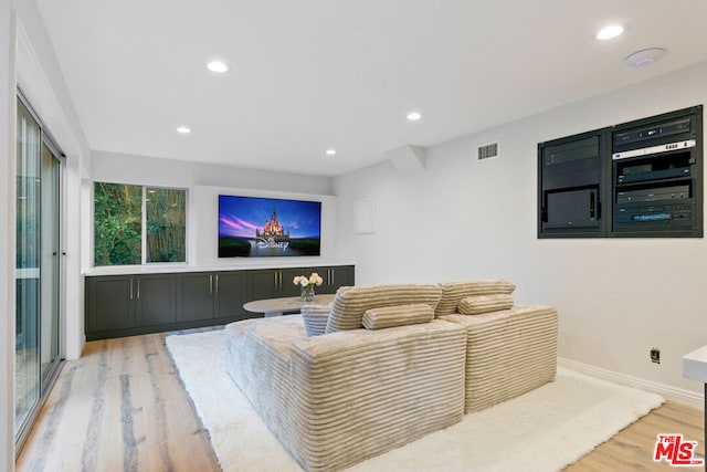 cinema with light hardwood / wood-style flooring