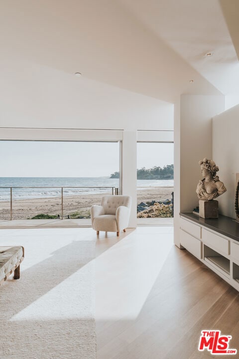 interior space with a water view, light wood-type flooring, a view of the beach, and lofted ceiling